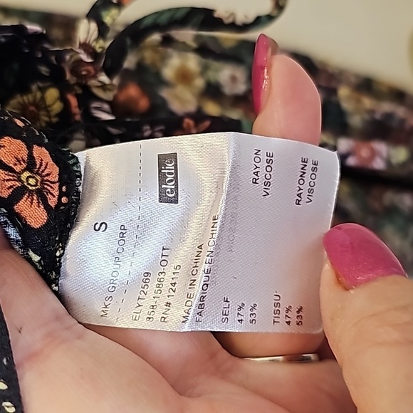 Elodie Floral Black Yellow Pink Elasticized Off Shoulder Rucshed Side Tie Top S - Picture 13 of 13